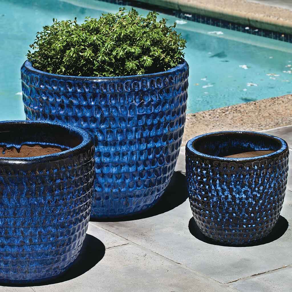 large blue ceramic planter pots Dimple Glaze Planter Set of 3 Campania International Riviera Blue