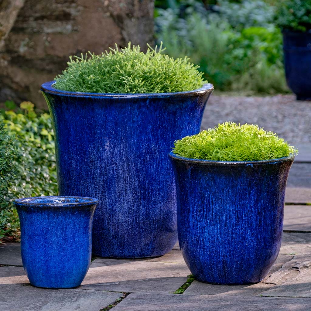 trio of outdoor plant pots Campania International Campana Planter in Riviera Blue set of 3