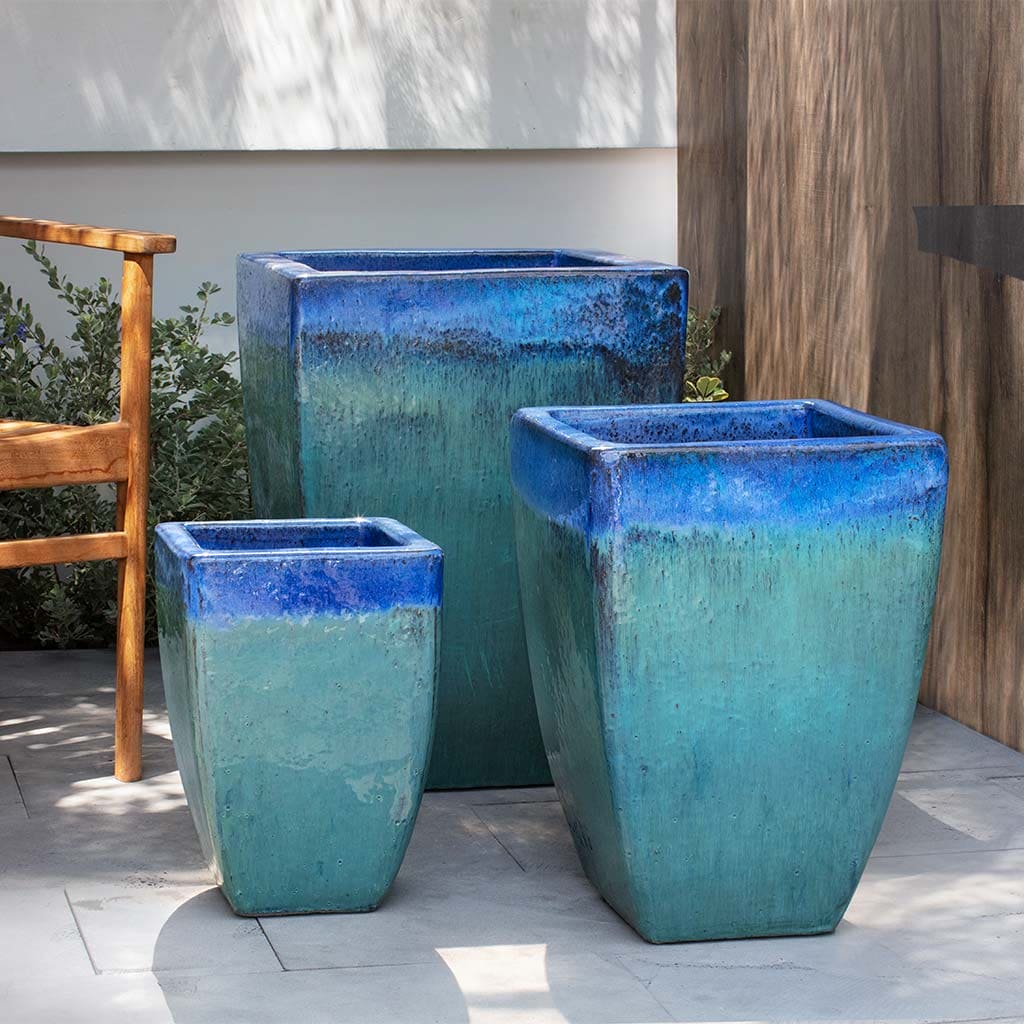 blue glazed plant pots Campania International Macouba Planter in Running Blue set of 3