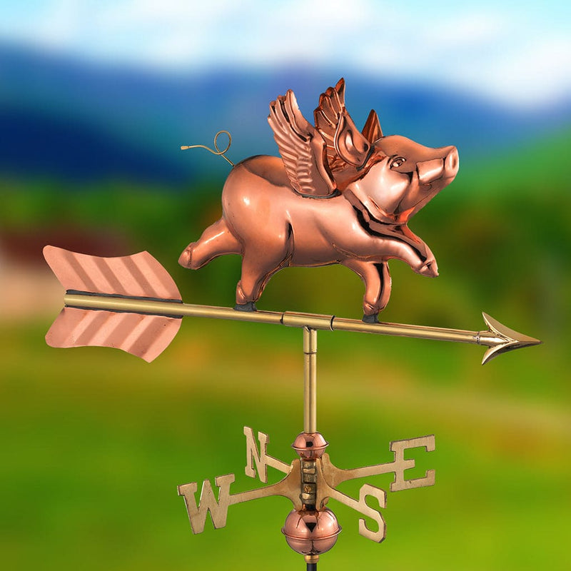 Good Directions Flying Pig Garden Weathervane in Pure Copper with Garden Pole