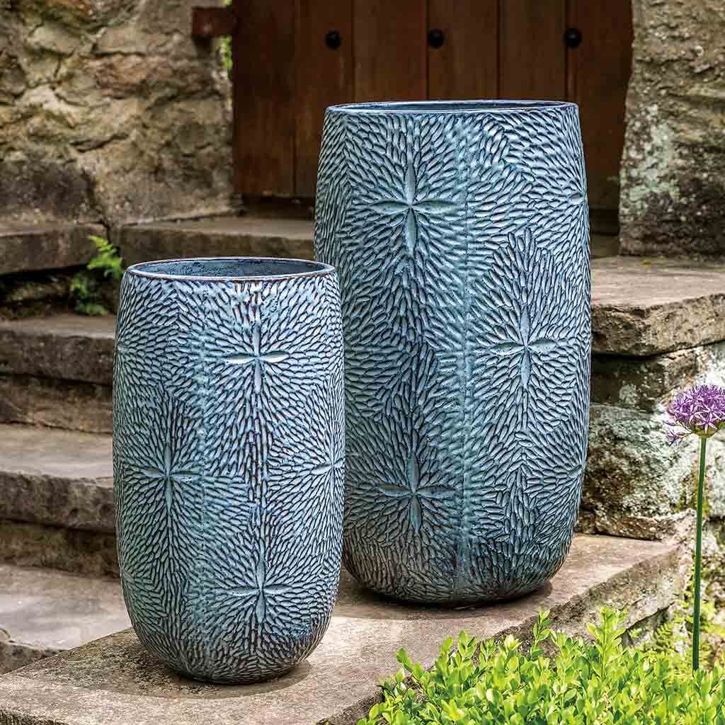 tall blue outdoor planter pots Sand Dollar Tall Planter Set of 2 Campania International French Blue