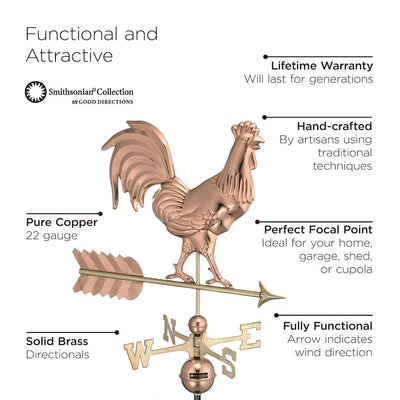 Good Directions Smithsonian Rooster Weathervane in Pure Copper