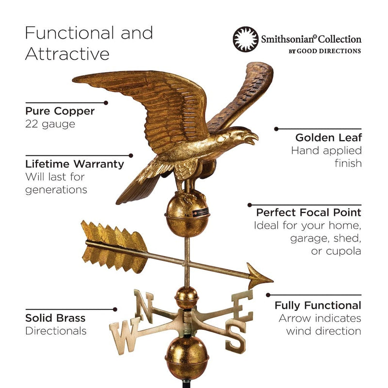 Good Directions Smithsonian Eagle Weathervane in Pure Copper with Golden Leaf Finish
