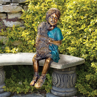 Puppy Kisses Sitting Girl Cast Bronze Garden Statue by Design Toscano