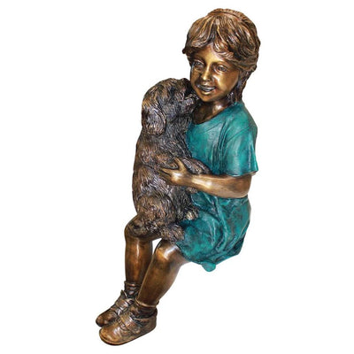 Puppy Kisses Sitting Girl Cast Bronze Garden Statue by Design Toscano