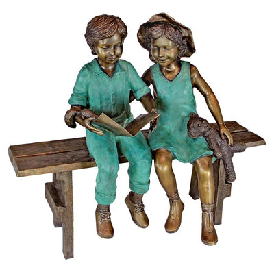 Read to Me, Boy and Girl on Bench Cast Bronze Garden Statue by Design Toscano