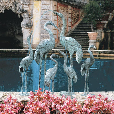 Medium Bronze Straight Neck Crane Piped Garden Statue by Design Toscano