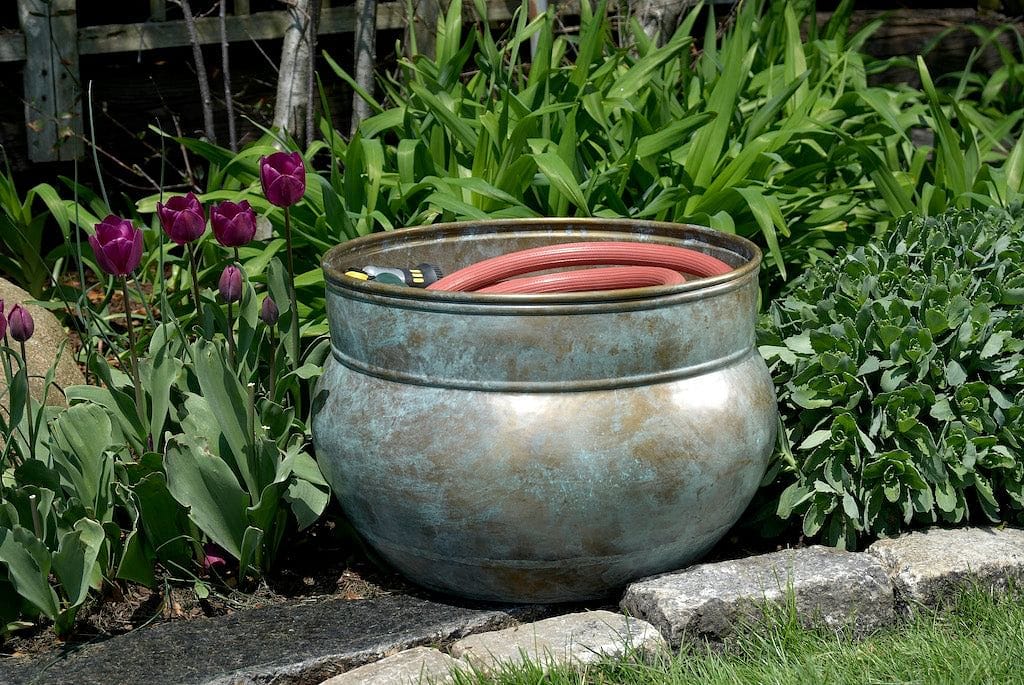 garden hose pot planter Sonoma Hose Pot - Blue Verde Brass