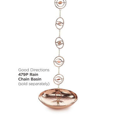 Good Directions Stellar Pure Copper 8.5 ft. Rain Chain placed with optional Chain Basin