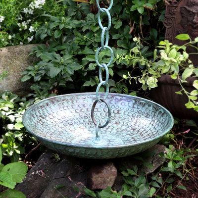 Good Directions Rain Chain Basin in Blue Verde Copper in use, in the garden.