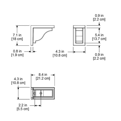 The Mayne Yorkshire Decorative Brackets measurement specifications, the length, width and height for installation purposes. 