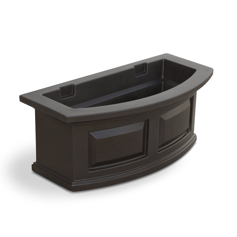 The Mayne Nantucket 2ft Window Box Planter, in the espresso finish, the unplanted planter detailed to show the shape and color clearly.