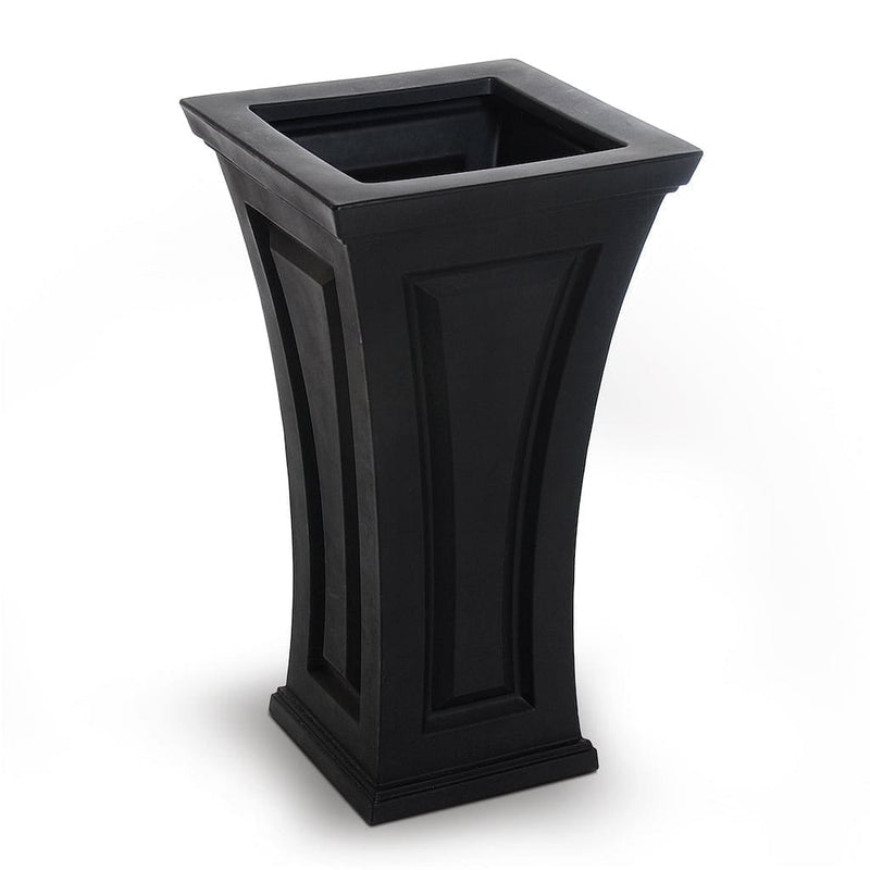 The Mayne Cambridge Tall Planter, in the black finish, the unplanted planter detailed to show the shape and color clearly.