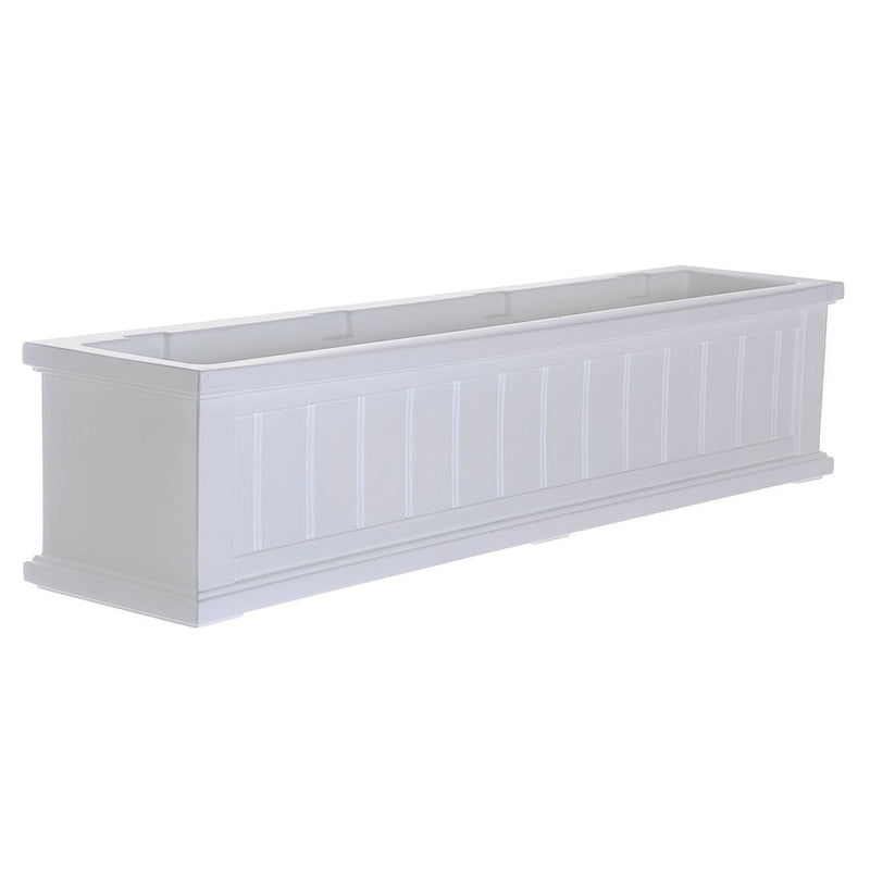 The Mayne Cape Cod 4ft Window Box, in the white finish, the unplanted planter detailed to show the shape and color clearly.