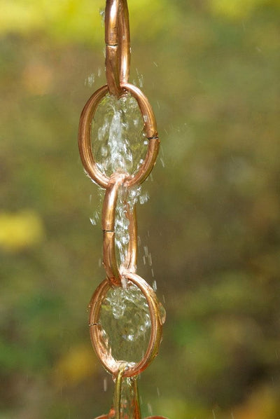 Good Directions Small Single Link Pure Copper 8.5 ft. Rain Chain water flowing over links.
