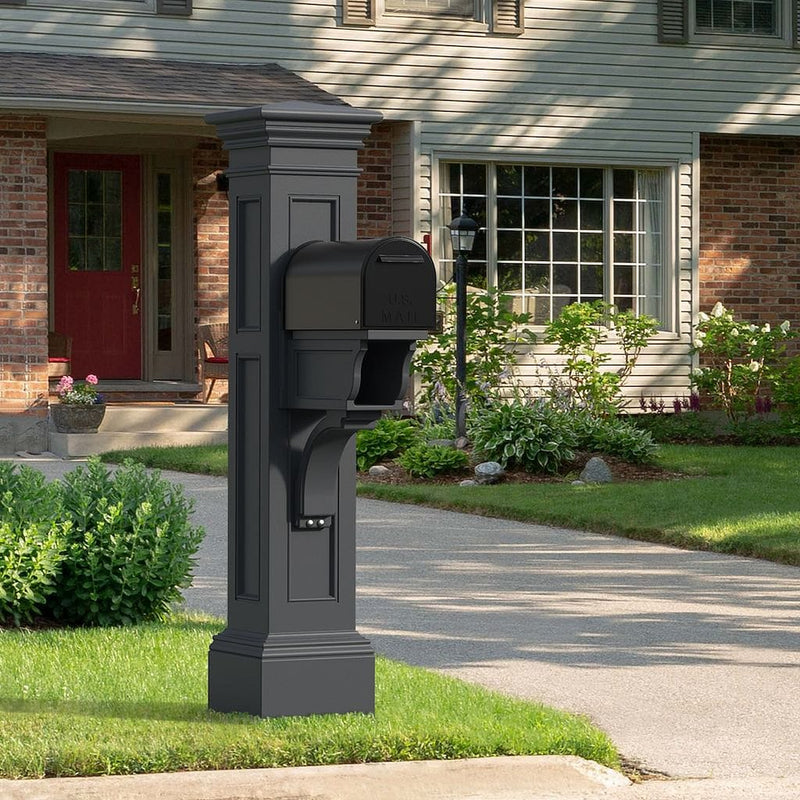 The Mayne Liberty Mail Post, in the graphite finish,installed for curb appeal.