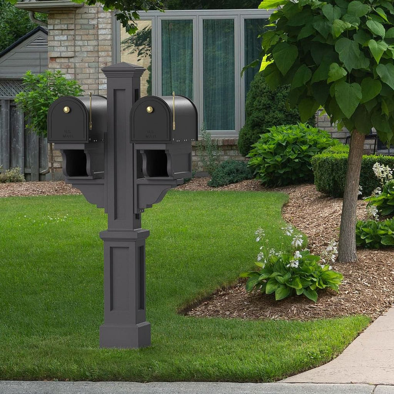 The Mayne Rockport Double Mail Post, in the graphite finish,installed for curb appeal.