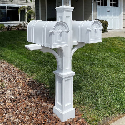 The Mayne Newport Plus Double Mail Post, in the white finish, installed for curb appeal.