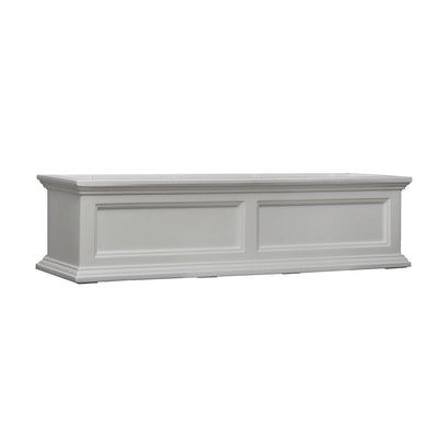 The Mayne Fairfield 4ft Window Box Planter, in the white finish, the unplanted planter detailed to show the shape and color clearly.