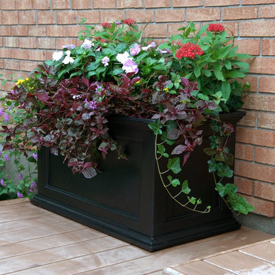 The Mayne Fairfield 20x36 Planter, in the black finish, planted and placed near home for curb appeal.