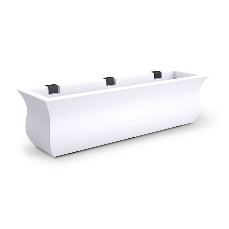 The Mayne Valencia 3ft Window Box Planter, in the white finish, the unplanted planter detailed to show the shape and color clearly.