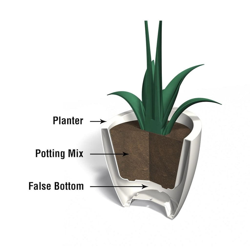 The Mayne Modesto Round Plantercross section instructions on how the self-watering process works.