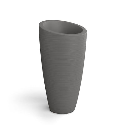 The Mayne Modesto Tall Planter, in the graphite finishthe unplanted planter detailed to show the shape and color clearly.