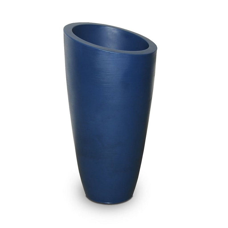 The Mayne Modesto Tall Planter, in the neptune blue finish, the unplanted planter detailed to show the shape and color clearly.