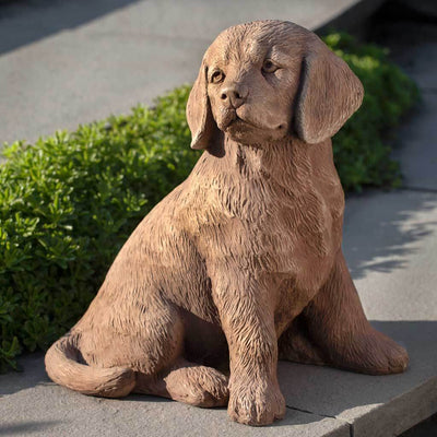 Campania International Golden Retriever Puppy Dog Statue is giving us those sweet eyes, what an expression. The Golden Retriever Puppy brings charm and that oh-so-sweet personality to the garden. Shown in the warm Travertine Patina is that authentic golden coat. 