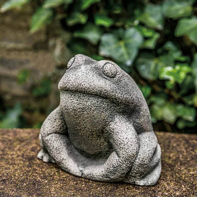 Campania International Stone Frog Statue, set in the garden to add charm and character. The statue is shown in the Greystone Patina.