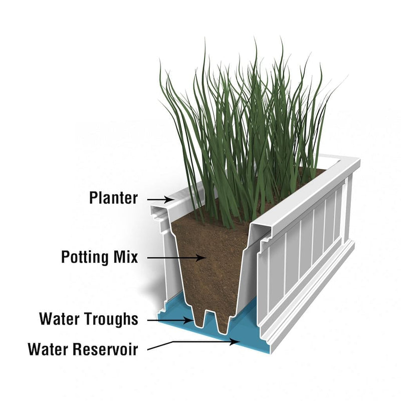 The Mayne Cape Cod 3ft Window Box cross section instructions on how the self-watering process works.