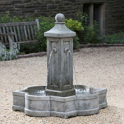 Campania International Provence Fountain, adding interest to the garden with the sound of water. This fountain is shown in the Alpine Stone Patina.