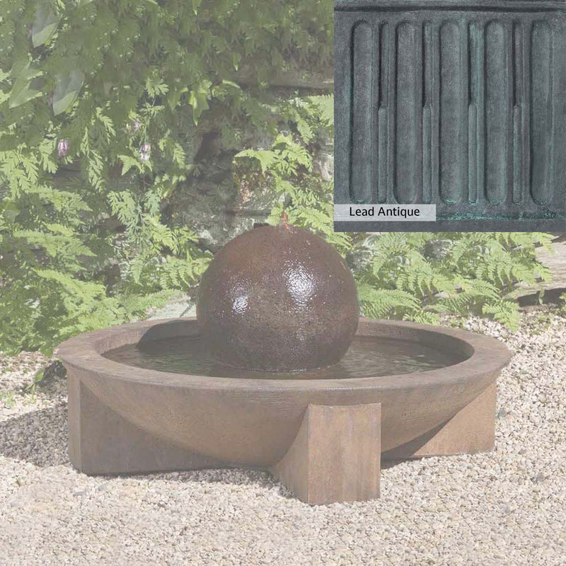 Lead Antique Patina for the Campania International Low Zen Sphere Fountain, deep blues and greens blended with grays for an old-world garden.