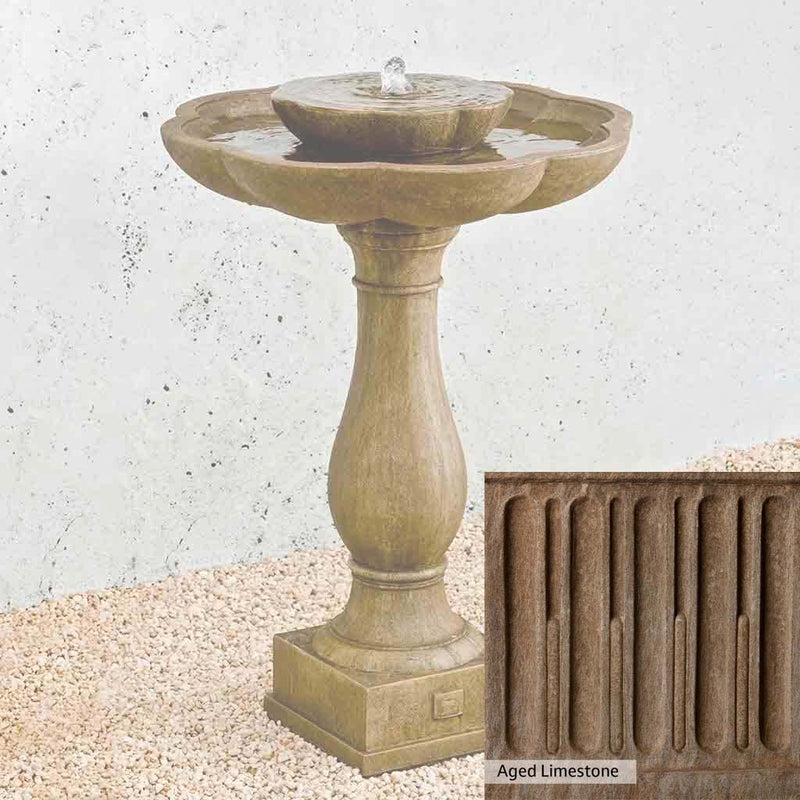 Aged Limestone Patina for the Campania International Flores Pedestal Fountain, brown, orange, and green for an old stone look.