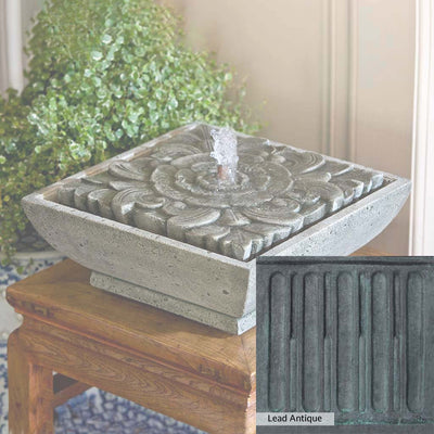 Lead Antique Patina for the Campania International M-Series Artifact Fountain, deep blues and greens blended with grays for an old-world garden.