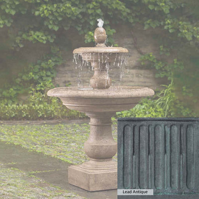 Lead Antique Patina for the Campania International Caterina Two Tiered Fountain, deep blues and greens blended with grays for an old-world garden.