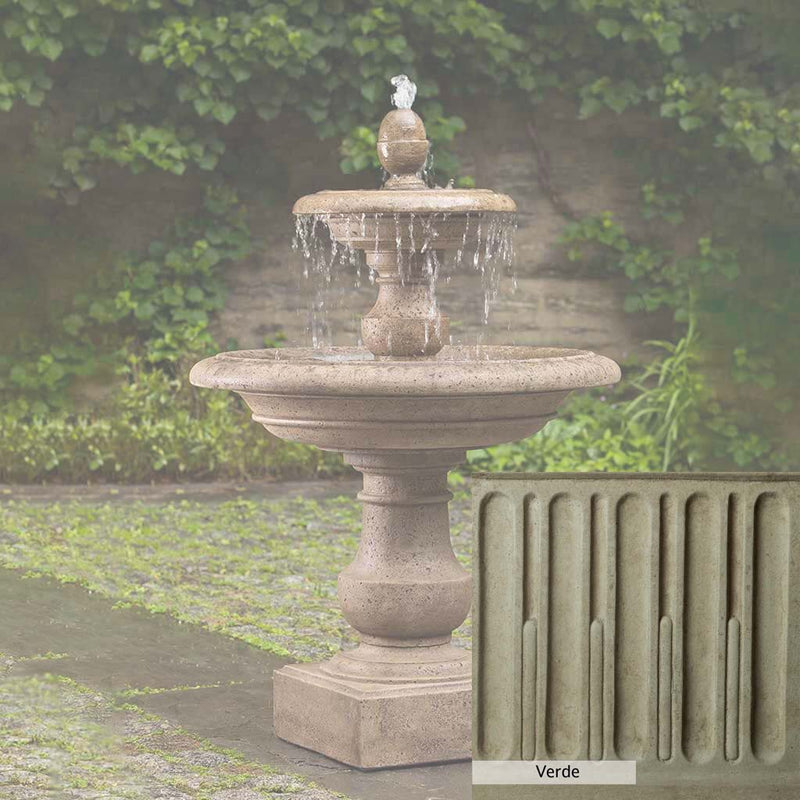 Verde Patina for the Campania International Caterina Two Tiered Fountain, green and gray come together in a soft tone blended into a soft green.