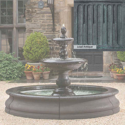 Lead Antique Patina for the Campania International Caterina Fountain in Basin, deep blues and greens blended with grays for an old-world garden.