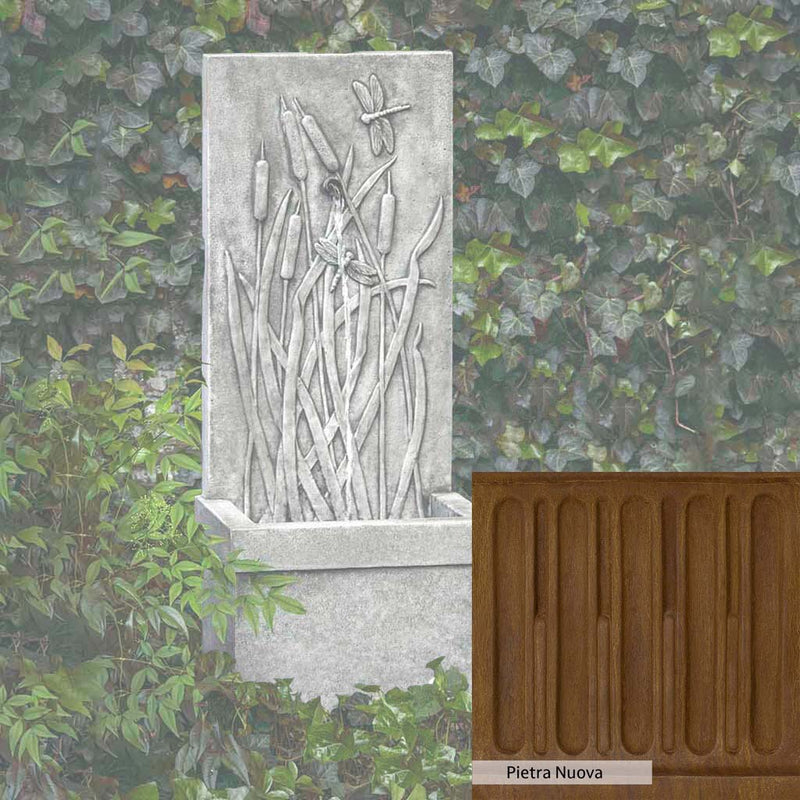 Pietra Nuova Patina for the Campania International Dragonfly Wall Fountain, a rich brown blended with black and orange.