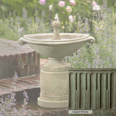 English Moss Patina for the Campania International Borghese Fountain in Basin, green blended into a soft pallet with a light undertone of gray.