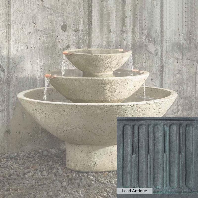 Lead Antique Patina for the Campania International Carrera Oval Fountain, deep blues and greens blended with grays for an old-world garden.