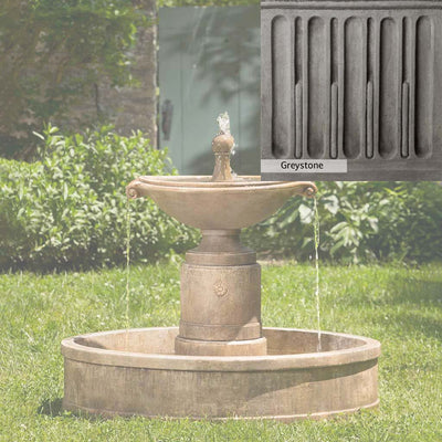 Greystone Patina for the Campania International Borghese Fountain in Basin, a classic gray, soft, and muted, blends nicely in the garden.
