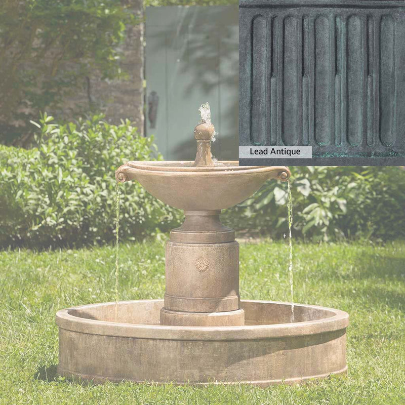Lead Antique Patina for the Campania International Borghese Fountain in Basin, deep blues and greens blended with grays for an old-world garden.