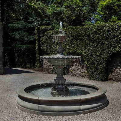 Campania International Charleston Garden Fountain in Basin, adding interest to the garden with the sound of water. This fountain is shown in the Alpine Stone Patina.