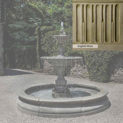 English Moss Patina for the Campania International Charleston Garden Fountain in Basin, green blended into a soft pallet with a light undertone of gray.