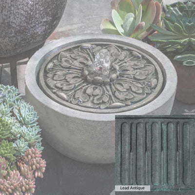 Lead Antique Patina for the Campania International M-Series Medallion Fountain, deep blues and greens blended with grays for an old-world garden.