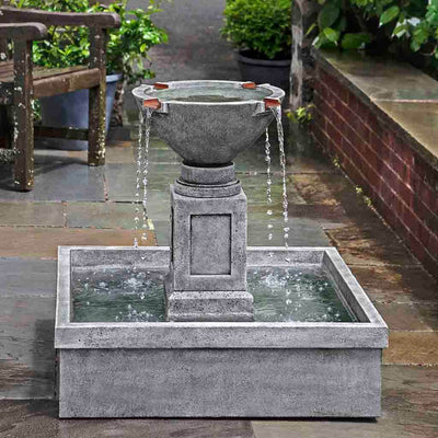 Campania International Rittenhouse Fountain is made of cast stone by Campania International and shown in the Alpine Stone Patina