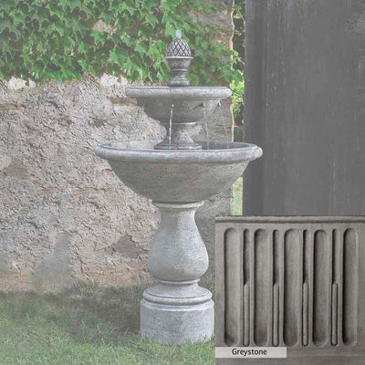 Greystone Patina for the Campania International Charente Fountain, a classic gray, soft, and muted, blends nicely in the garden.