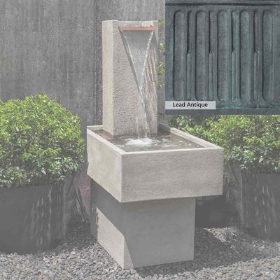 Lead Antique Patina for the Campania International Falling Water Fountain III, deep blues and greens blended with grays for an old-world garden.