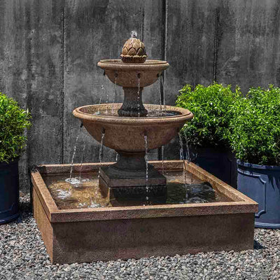Campania International La Mirande Fountain, adding interest to the garden with the sound of water. This fountain is shown in the Aged Limestone Patina.